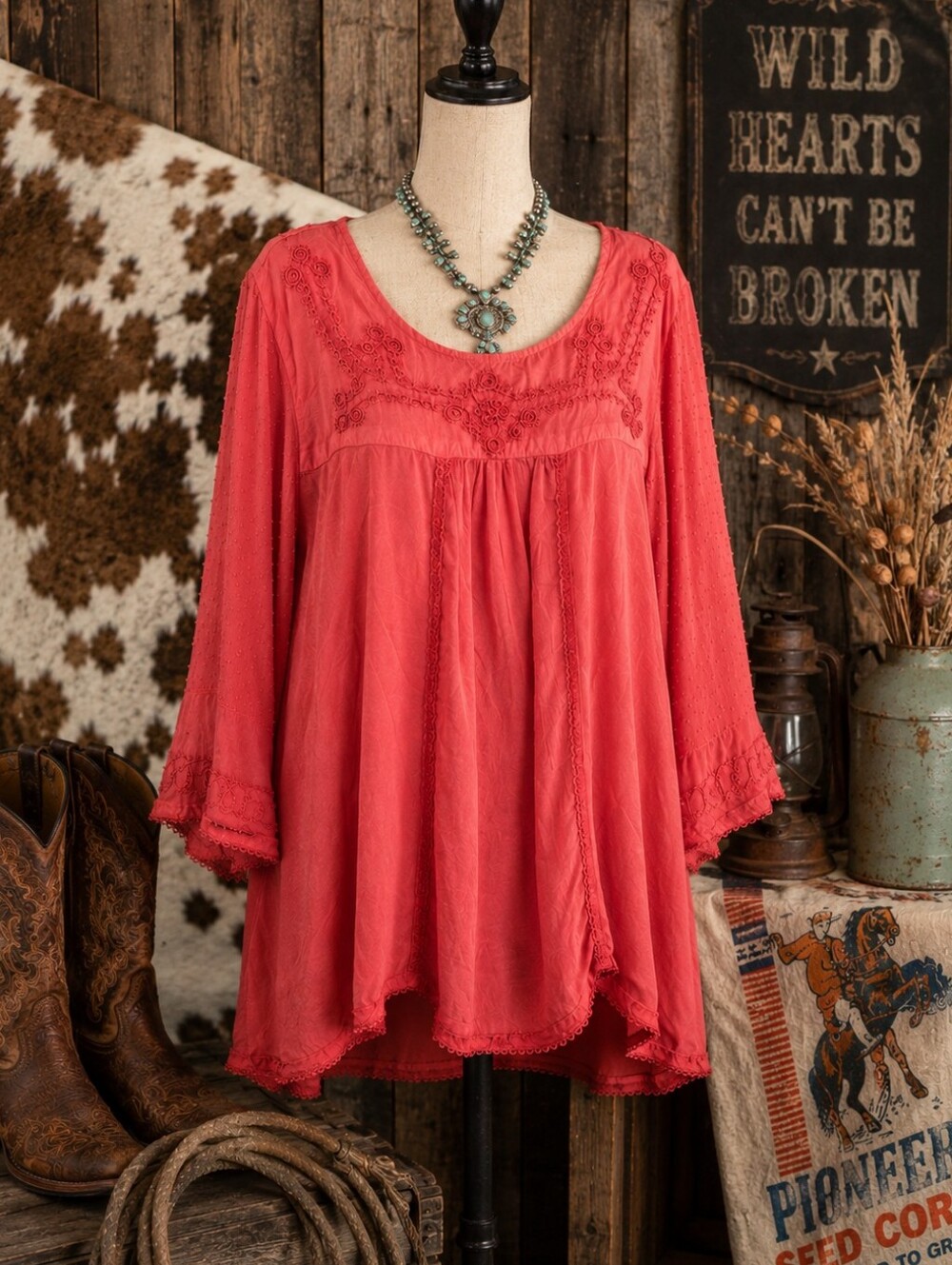 Parsley & Sage XL Coral Embroidered Boho Western Tunic Top